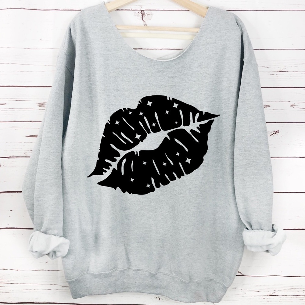 Kiss Lips Slouchy Neck Long Sleeve Sweatshirt Multiple Colors And Sizes - Picture 2 of 5